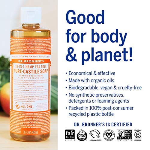 Dr. Bronner’s - Pure-Castile Liquid Soap (Tea Tree, 16 ounce) - Made with Organic Oils, 18-in-1 Uses: Acne-Prone Skin, Dandruff, Laundry, Pets and Dishes, Concentrated, Vegan, Non-GMO